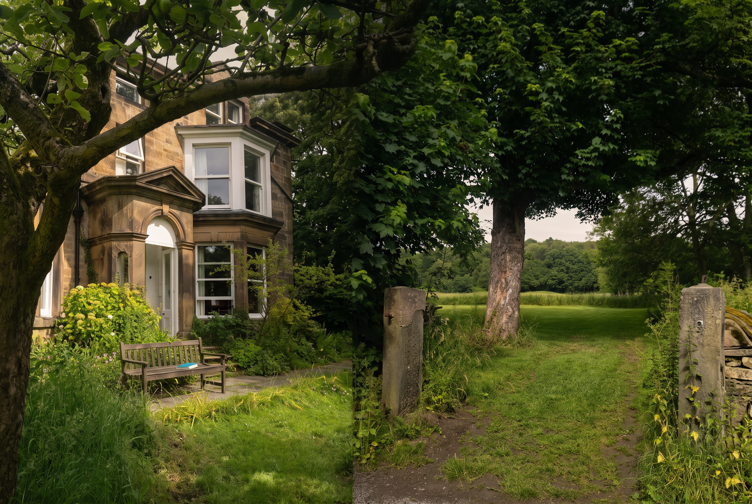 The stone house at Unstone Grange framed by orchard trees, with the gateway and green field beyond